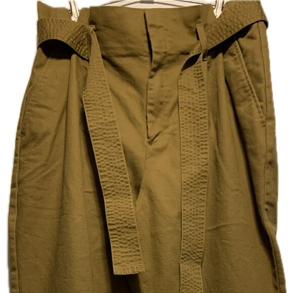 Olive Green Paperbag Waist, Belted, High Waist Ankle Pants - Picture 2 of 7
